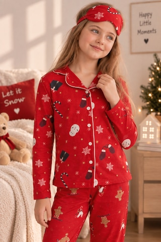 Free Beka Yılbaşı Desenli Uzun Kollu Önden Düğmeli Gömlek Yaka Kız Çocuk Pijama Takımı Kırmızı
