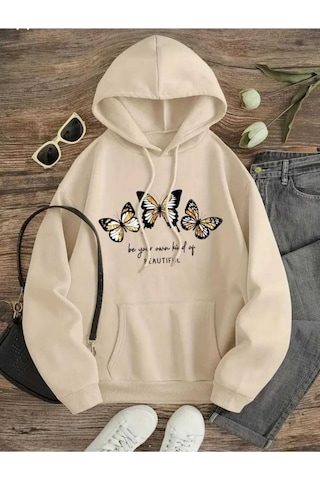 Kozia Outdoors Beautıful 3 Kelebek Baskılı Kapşonlu Sweatshirt Bej Kozia Outdoors Beautıful 3 Kelebek Baskılı Kapşonlu Sweatshirt Bej