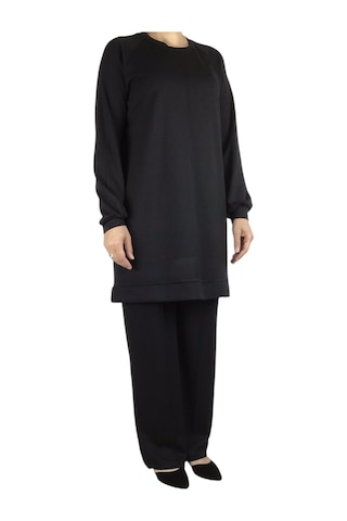 Kadın Tunik Önü Dikişli Altı Bantlı Pantolon Beli Lastikli Önü Dikişli İkili Takım Siyah