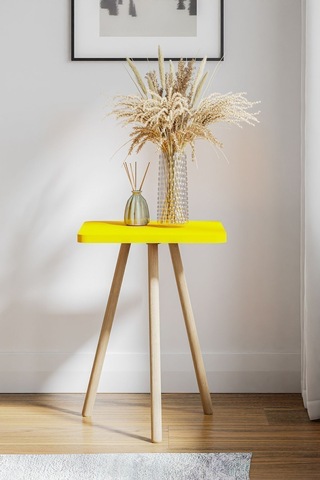 İntergo Kare Tasarımlı Ahşap Ayaklı Tekli Zigon Sehpa Sarı