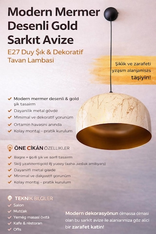 Modern Krem Gold Sarkıt Avize E27 Duy Metal Gövde Minimal Dekoratif Tavan Lambası 1