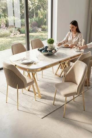 Lindia Serisi 90x168 Lak Panel Beyaz Mermer Desen Gold Ayaklı Masa Takımı 6 Krem Sandalye