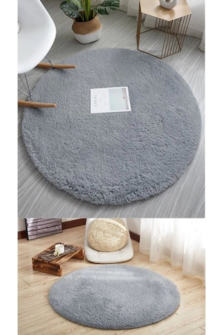 Raschel Carpet Lüks Açık Gri Raschel Taban Yıkanabilir Kaymaz Taban Yuvarlak Peluş Halı Yolluk Açık Gri