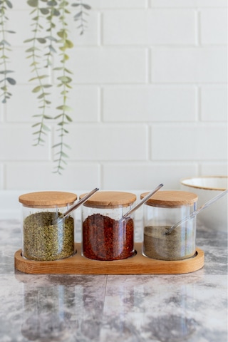 Flosoft Doğal Ahşap Kapaklı Kaşıklı 3’lü Mika Baharatlık, Ahşap Stantlı Sosluk Reçellik Baharatlık Seti Diğer