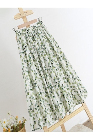 Qooth İlkbahar Yaz Kadın Yüksek Belli Çiçek Baskılı Etekler Elastik Bel Zarif Rahat Keten Pamuk Midi Yeşil Etekler Qt1712 Yeşil