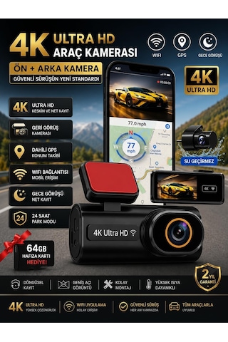 Tr 4k Ultra Hd Mini Ön Ve Arka Araç Kamerası, 64gb Hafıza Kartlı, Wifi, Gps, Gece Görüşlü