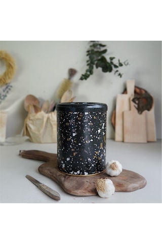 Terrazzo Black Desenli Yuvarlak Metal Sarımsaklık, 14 X 18 Cm, 2.5 Lt