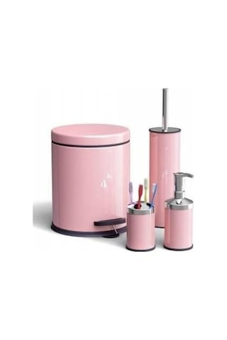 4lü Banyo Seti Pembe- Çöp Kovası+Fırça+Sabunluk+Diş Fırçalık Pembe