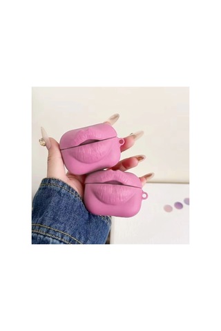 Caseonn Apple Airpods Uyumlu 5 Kılıf Kabartmalı Dudak Lip Pembe