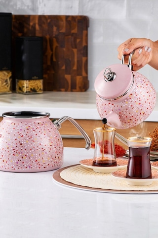 Karaca Emaye Midi Terazzo Pembe Çaydanlık Takımı