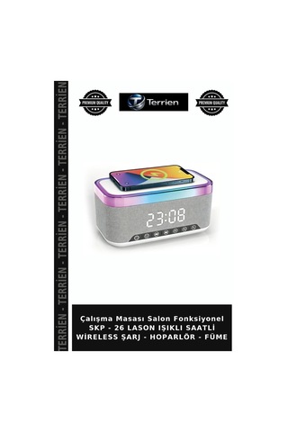 Çalışma Masası Salon Fonksiyonel Skp - 26 Lason Işıklı Saatli Wireless Şarj - Hoparlör - Füme