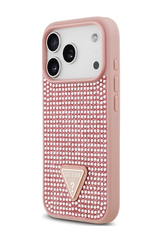 Apple Uyumlu iPhone 17 Pro Kılıf Guess Lisanslı Taşlı Arka Yüzey Üçgen Logolu Kapak Pembe