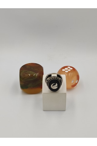 Siyah Kehribar Taşlı Hilal Bozkurt 925 Ayar 24 Mm 12,40 G. Erkek Yüzüğü Gümüş