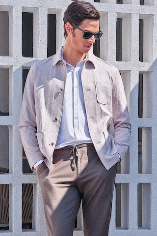 İmza Bej Berberi Yaka Çizgili Desen Gofreli Slim Fit Casual Mont 1007260153 Koyu Bej
