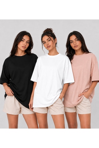 Polymood 3'lü Set Oversize %100 Organik Pamuk Yuvarlak Yakalı Bol Kesim T-shirt Siyah-beyaz-pudra