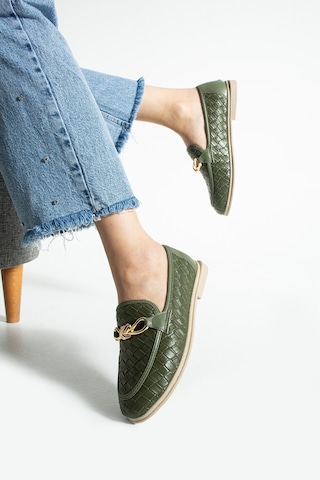 Lebibe Shoes Maby Kadın Haki Örgü Dokulu Zincir Detaylı Loafer Düz Ayakkabı Babet