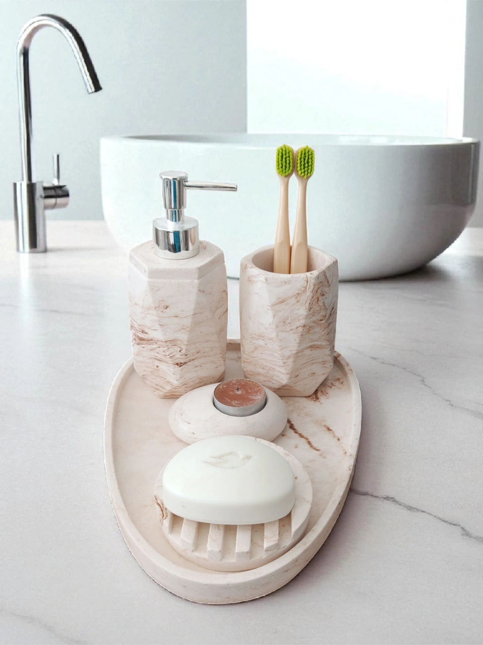 5'li Mermer Desenli Beton Banyo Seti , Sıvı Sabunluk Diş Fırçalığı Aksesuar Bej