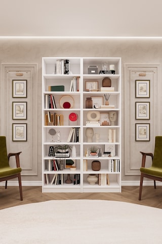 Asra Trend K-09 %100 MDF 120 cm 2 Modüllü Kitaplık 14 Raflı Kütüphane Beyaz