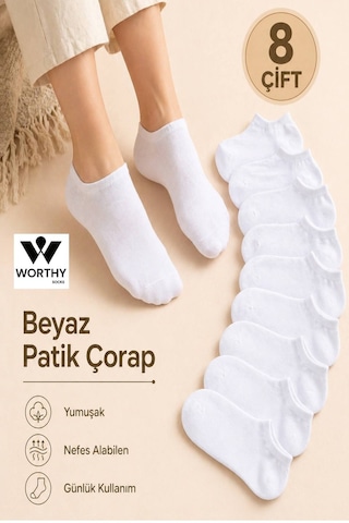 Worthy Socks 8'li Beyaz Kısa Patik Bilek Çorap