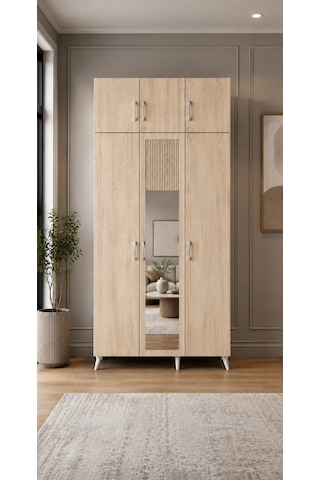 Alara Tamamı Mdf Aynalı Portmanto Vestiyer Ayakkabılık Meşe 120 Cm - M5