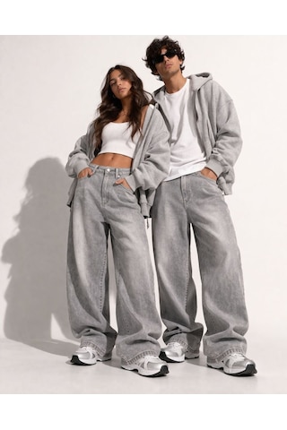 St.poll Gri Yıkamalı Unisex Baggy Jeans Pantolon Açık Gri