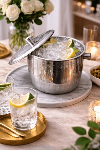 Kapaklı Termoslu Buz Kovası - Kulplu Paslanmaz Çelik Ice Bucket Gri