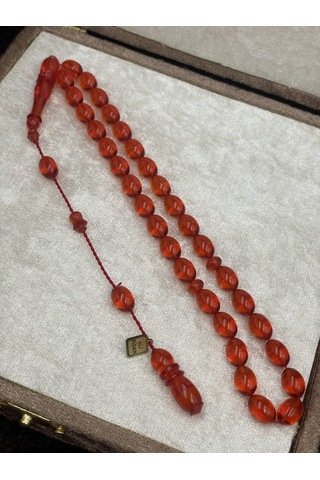 Ali Fidan İmzalı El Boy Badem Kesim Turuncu Amber Ateş Kehribar Tesbih 7x10 Mm