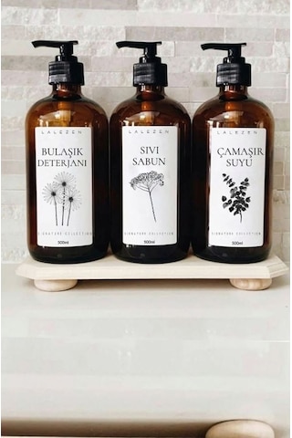 Lalezen Home Sıvı Sabunlukluk Bulaşık Deterjanı Çamaşır Suyu Etiketli Plastik Amber Şişe 500ml