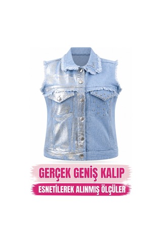Büyük Beden Denim Yakalı Düğmeli Parlak Taşlı Kolsuz Eskitme Detaylı Kadın Yelek Mavi