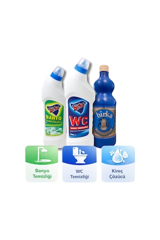 Birka 3 Lü Temizlik Seti Wc Tuvalet 750 Ml + Banyo Temizleyici 750 Ml + Kireç Çözücü 1 Kg 3'lü Set