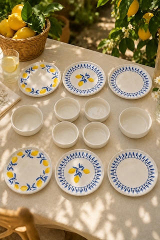 Mavi Limon 12 Parça 6 Kişilik Handmade Stackable Seramik Tabak Seti Premium Sunum & Kahvaltı Takımı Beyaz