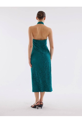 Dantel Halter Yaka Yeşil Elbise Standart