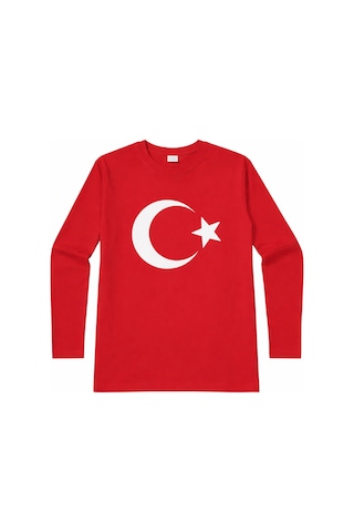 Herşey Nota Ay Yıldız Baskılı Uzun Kollu Kırmızı Çocuk Tişört 23 Nisan Okul Gösterisi 3-14 Yaş