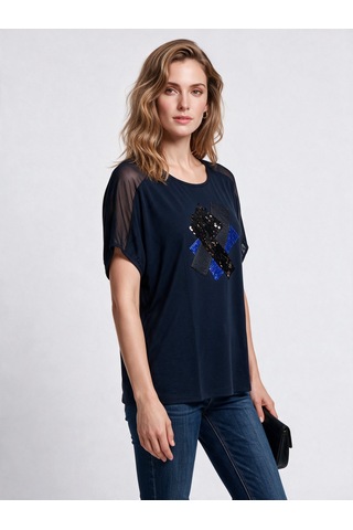 Daido Daıdo Kadın Bisiklet Yaka Payet İşlemeli Tül Detaylı Dökümlü T-shirt Siyah