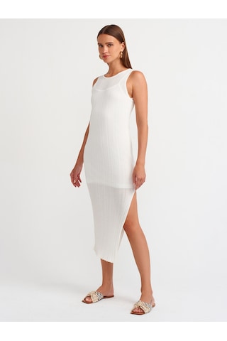 Dilvin Yırtmaç Detaylı İnce Triko Elbise Ekru