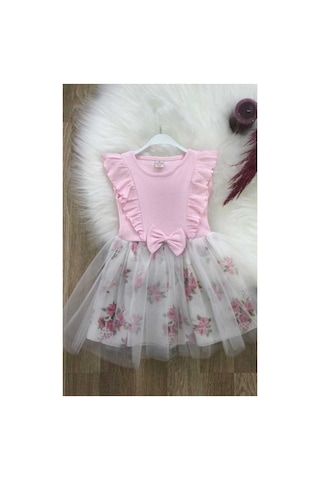 Retro Women Kız Çocuk Pamuklu Toz Pembe Çiçekli Tütülü Doğum Günü Özel Gün Abiye Günlük Prenses Elbise Çok Renkli
