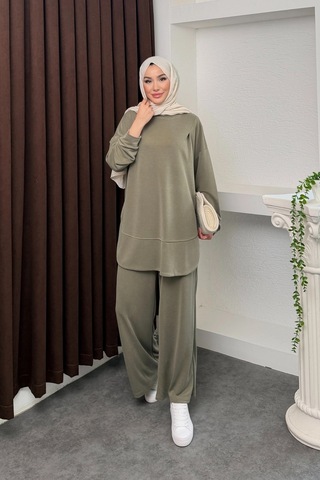 Mihran Butik Kalina Model İthal Pike Kumaş Cep Detaylı Kadın Takım Haki