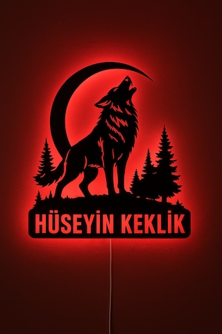 Kişiye Özel Led Işıklı Ahşap Kurt Hilal Duvar Dekoru Ebat-40Cm