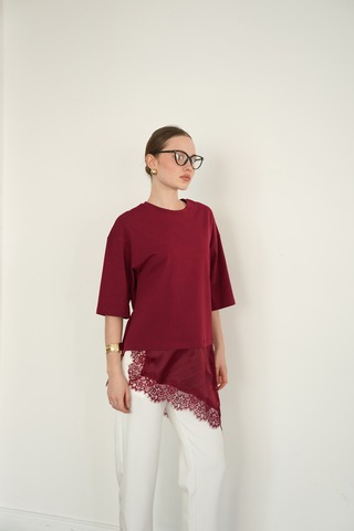 Verymoda Dantel Ve Saten Detaylı Asimetrik Tişört D2942 Bordo