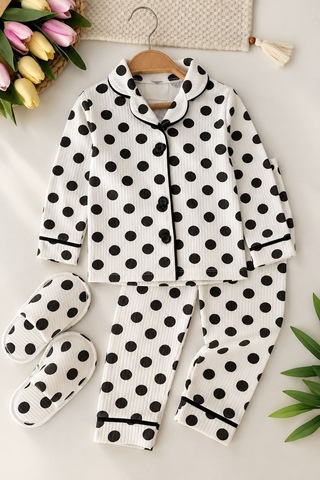 Minigimin Cicileri Puantiye Desenli Terlikli Kız Çocuk 3 Lü Pijama Takımı - Beyaz
