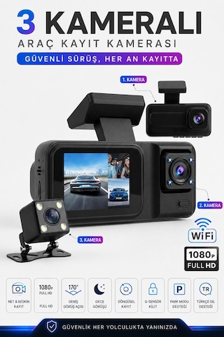 SN-38 Wİ-Fİ 3 Kameralı Araç Içi Kamera Full Hd 1080P Ön Arka Iç Kamera Ir Gece Görüşü G-Sensör Dashcam