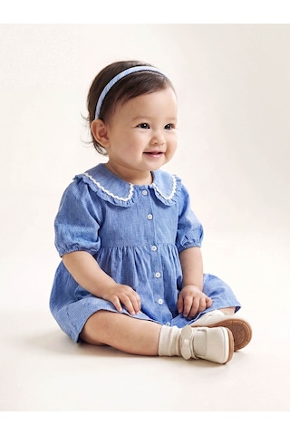 Meral Collection Mavi Nakışlı Bebe Yaka Kareli Kız Bebek Elbise Mavi