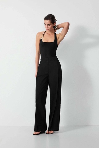 Vatkalı Pileli Wide Leg Pantolon-16650 Siyah