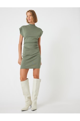 Koton Mini Kalem Elbise Dik Yaka Kısa Kap Kol Drapeli Slim Fit Pamuklu Haki 5wak80073ek