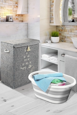 2 Adet Banyo Seti - Keçe Kapaklı Kirli Çamaşır Sepeti - Katlanabilir Akordiyon Çamaşır Sepeti