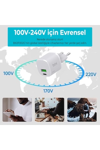 Bix Bx2p20g Gan 20w Type-c Ve Usb-a Mini Hızlı Şarj Cihazı Beyaz