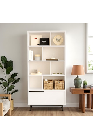 Robin Home Kitaplık Raf Metal Ayaklı 176cm Kapaklı Beyaz Beyaz
