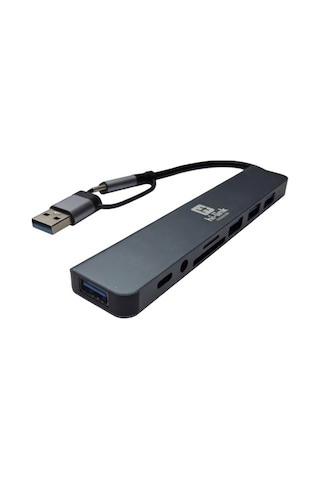 8-in-2 Hub Usb 3.0 & Type-c Hibrit Girişli Sd Kart Okuyucu Ses Çıkışlı Adaptör Tüm Cihazlarla Uyumlu