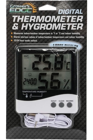 Growers Edge Büyük Ekran Dijital Termometre - Nem Ölçer - Saat / Thermometer / Hygrometer