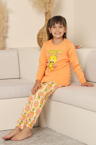Miniğimin Cicileri Sevimli Civciv Baskılı Kız Çocuk Pijama Ta... Turuncu